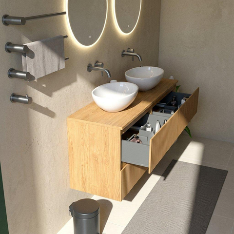 Saniclass Holz Atelier Badkamermeubelset - 140x45x62cm - houten topblad - zonder kraangat - 4 lades - mat eiken natural (hout) SW1436744