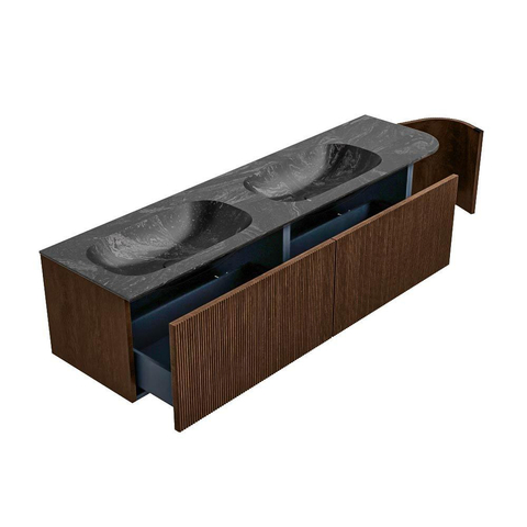 MONDIAZ KURVE-DLUX meuble de salle de bains 175cm avec module 25 R couleur Walnut avec 2 tiroirs et 1 porte. Lavabo STOR SMALL double / gauche 2 trous de robinet couleur Lava. SW1137305