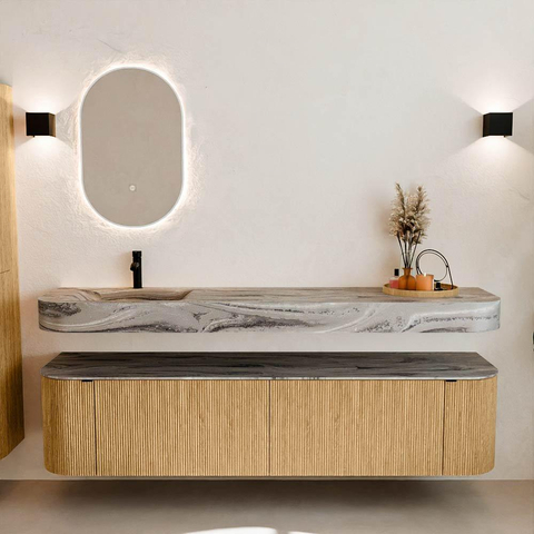 MONDIAZ THOR-DLUX Meuble de salle de bains - 190cm - arrondi gauche + droite - couleur Oak - 2 tiroirs et 2 portes - Vasque suspendue CLOUD Gauche 1 trou de robinet - couleur Sombra SW1466688