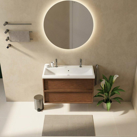 Saniclass Holz Frame Ensemble meuble de salle de bains - 100x45x63.5cm - Lavabo en céramique Bari blanc - 1 vasque - 2 trous de robinetterie - 2 tiroirs - noyer pure mat (bois) SW1579748