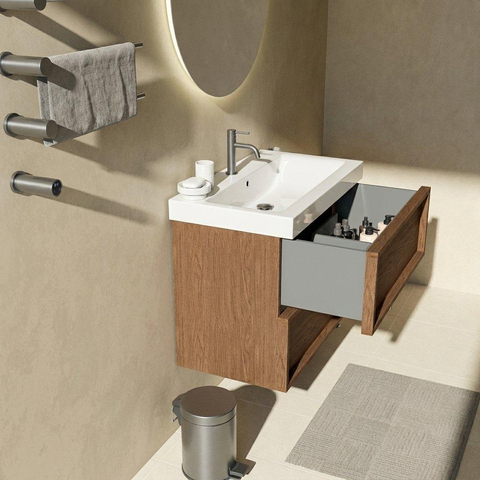 Saniclass Holz Frame Badkamermeubelset - 80x45x67.5cm - Wave keramische wastafel - 1 wasbak - 1 kraangat - 2 lades - mat walnut pure (hout) SW1579763