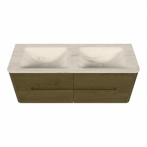 Mondiaz CIRO-DLUX Meuble de salle de bains - 130x45x50cm - Plan vasque solid surface Meli - 2 vasques double - 2 perçages de robinetterie - 4 tiroirs - Dusk SW1533263