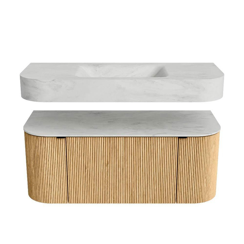 MONDIAZ THOR-DLUX 110cm meuble de salle de bains arrondi gauche + droite couleur Oak avec 1 tiroir et 2 portes. Vasque suspendue CLOUD Milieu sans trou de robinet couleur Opalo. SW1462753