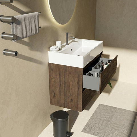 Saniclass Holz Pure Badkamermeubelset - 80x45x72cm - Legend keramische wastafel wit - 1 wasbak - 1 kraangat - 2 lades - mat eiken charcoal (hout) SW1478477