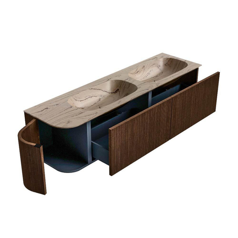 MONDIAZ KURVE-DLUX 165cm badmeubel ronding Links kleur Walnut met 2 lades en 1 deur. Wastafel STOR SMALL Dubbel / Rechts zonder kraangat Arena. SW1431250
