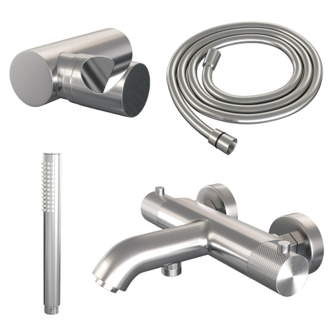 Robinet de baignoire Brauer à finition brossée - ensemble de douche - douchette à main 1 fonction - bouton sculpté - PVD - Inox brossé SW1164648
