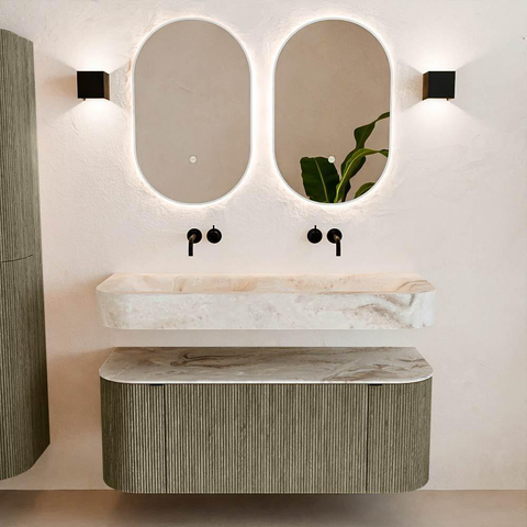 MONDIAZ THOR-DLUX Meuble de salle de bains 120cm arrondi gauche + droite couleur Shadow avec 1 tiroir et 2 portes. Vasque suspendue CLOUD Double sans trou de robinet couleur Frappe. SW1463149