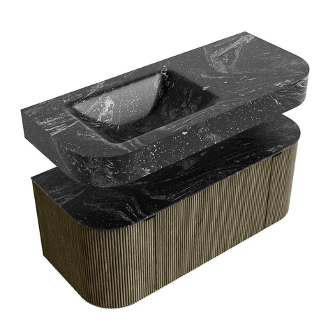 MONDIAZ THOR-DLUX 110cm meuble de salle de bains arrondi gauche + droite couleur Shadow avec 1 tiroir et 2 portes. Vasque suspendue CLOUD Gauche sans trou de robinet couleur Lava. SW1462905