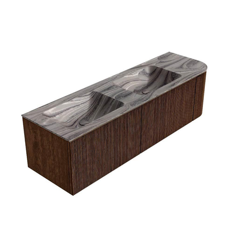 MONDIAZ KURVE-DLUX meuble de salle de bains 155cm arrondi à droite couleur Walnut avec 2 tiroirs et 1 porte. Lavabo LEAF double / gauche 2 trous de robinet Sombra. SW1433705