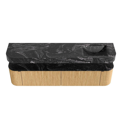 MONDIAZ THOR-DLUX 200cm badmeubel ronding links + rechts kleur Oak met 2 lades en 2 deuren. Vrijhangende wastafel CLOUD Rechts 1 kraangat kleur Lava. SW1466958