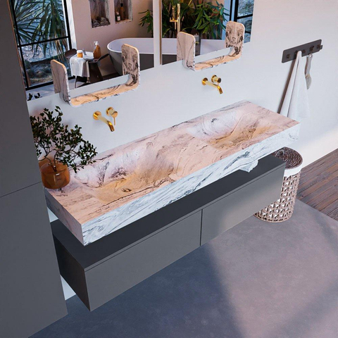 Mondiaz ALAN-DLUX Ensemble de meuble - 150cm - meuble Plata mat - 2 tiroirs - Lavabo Cloud Glace suspendu - vasque Gauche et droite - 0 trous de robinet SW806133