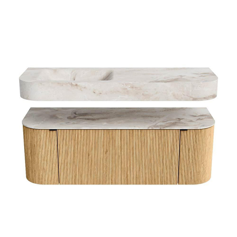 MONDIAZ THOR-DLUX 130cm badmeubel ronding links + rechts kleur Oak met 1 lade en 2 deuren. Vrijhangende wastafel CLOUD Links 1 kraangat kleur Frappe. SW1463540