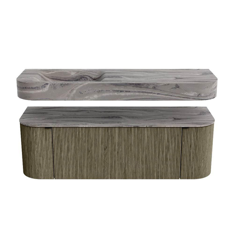 MONDIAZ THOR-DLUX 140cm meuble de salle de bains arrondi gauche + droite couleur Shadow avec 1 tiroir et 2 portes. Vasque suspendue CLOUD Gauche sans trou de robinet couleur Sombra. SW1464282