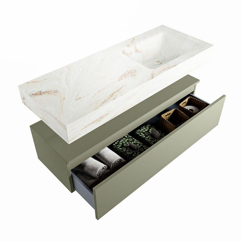 Mondiaz ALAN-DLUX Ensemble de meuble - 120cm - meuble Army mat - 1 tiroir - Lavabo Cloud Frappe suspendu - vasque Droite - 0 trous de robinet SW805414