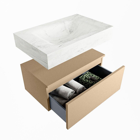 Mondiaz ALAN-DLUX Ensemble de meuble - 70cm - meuble Oro mat - 1 tiroir - Lavabo Cloud Opalo suspendu - vasque Centre - 0 trous de robinet SW806971