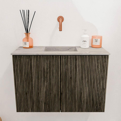Mondiaz JOYA-DLUX 60cm meuble de salle de bains - couleur Shadow - Vasque FAYE position Milieu Sans trou de robinet couleur Glace. SW1422738