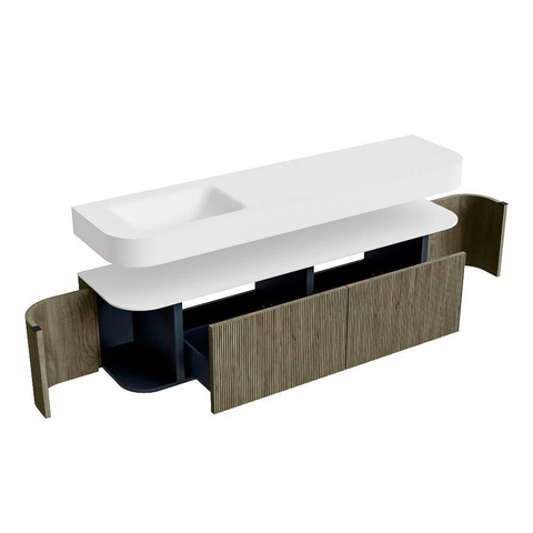 MONDIAZ THOR 180cm meuble de salle de bains arrondi gauche + droite couleur Shadow avec 2 tiroirs et 2 portes. Vasque suspendue CLOUD Gauche sans trou de robinet couleur Talc. SW1466062