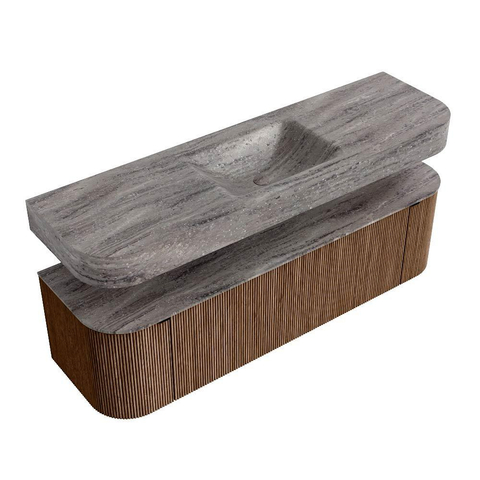 MONDIAZ THOR-DLUX 160cm meuble de salle de bains arrondi gauche + droite couleur Walnut avec 1 tiroir et 2 portes. Vasque suspendue CLOUD Milieu sans trou de robinet couleur Oza. SW1465300