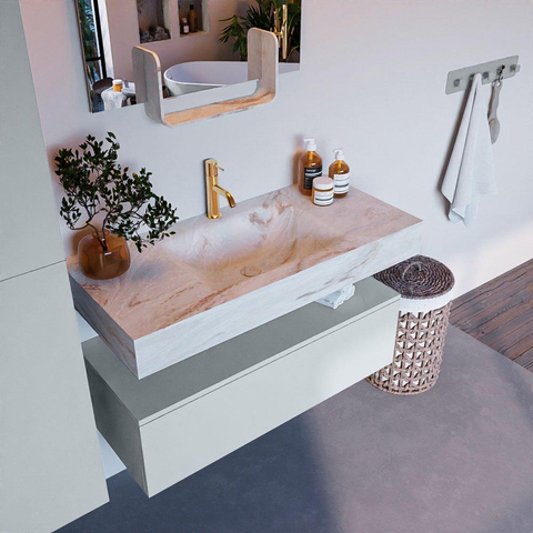 Mondiaz ALAN-DLUX Ensemble de meuble - 100cm - meuble Clay mat - 1 tiroir - Lavabo Cloud Frappe suspendu - vasque Centre - 1 trou de robinet SW804979