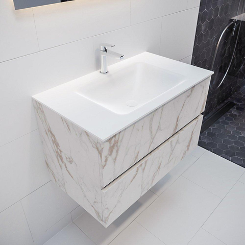 MONDIAZ VICA Ensemble de meuble salle de bain - 80cm - 2 tiroirs - lavabo Cloud au centre - 1 trou de robinet - solid surface marbre carrara SW410232