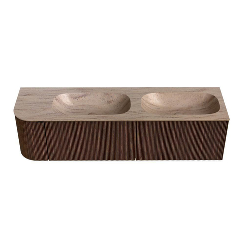 MONDIAZ KURVE-DLUX 165cm badmeubel ronding Links kleur Walnut met 2 lades en 1 deur. Wastafel STOR SMALL Dubbel / Rechts zonder kraangat Saba. SW1433217