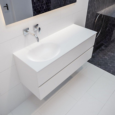 MONDIAZ VICA Ensemble de meuble salle de bain - 120cm - 2 tiroirs - lavabo Moon gauche - 0 trous de robinet - solid surface talc SW409723