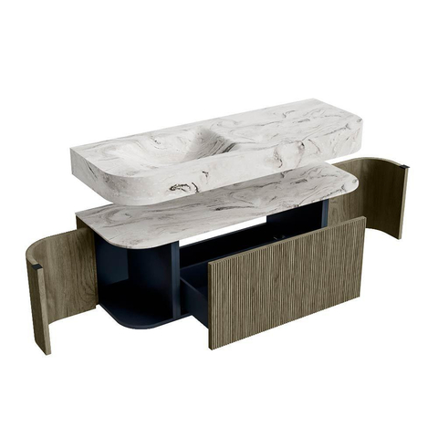 MONDIAZ THOR-DLUX 130cm badmeubel ronding links + rechts kleur Shadow met 1 lade en 2 deuren. Vrijhangende wastafel CLOUD Links zonder kraangat kleur Glace. SW1463729