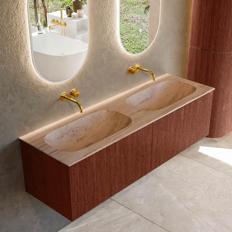 MONDIAZ KURVE-DLUX meuble de salle de bains 150 cm couleur Ruby avec 2 tiroirs et 0 porte. Lavabo STOR SMALL Double sans trou de robinet Saba. SW1433518