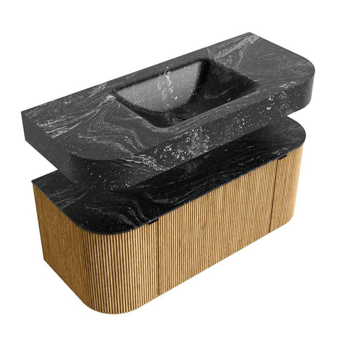 MONDIAZ THOR-DLUX 110cm meuble de salle de bains arrondi gauche + droite couleur Oak avec 1 tiroir et 2 portes. Vasque suspendue CLOUD Milieu 1 trou de robinet couleur Lava. SW1462740