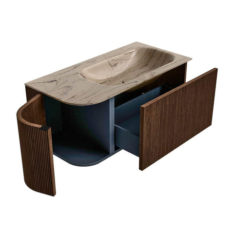 MONDIAZ KURVE-DLUX 95cm badmeubel ronding Links kleur Walnut met 1 lade en 1 deur. Wastafel BIG SMALL Rechts zonder kraangat Arena. SW1431182