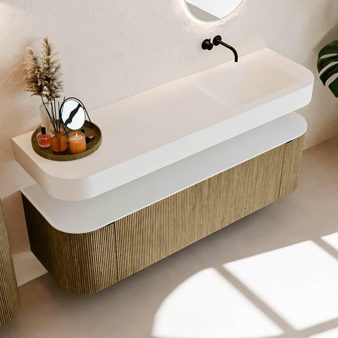 MONDIAZ THOR 160cm meuble de salle de bains arrondi gauche + droite couleur Dusk avec 1 tiroir et 2 portes. Vasque suspendue CLOUD droite sans trou de robinet couleur Talc. SW1465033