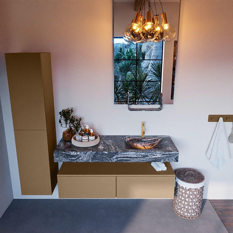 Mondiaz ALAN-DLUX Ensemble de meuble - 130cm - meuble Oro mat - 2 tiroirs - Lavabo Cloud Lava suspendu - vasque Droite - 1 trou de robinet SW808525