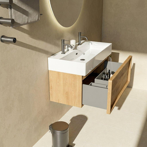 Saniclass Holz Frame Badkamermeubelset - 100x45x52cm - Legend keramische wastafel wit - 1 wasbak - 2 kraangaten - 1 lade - mat eiken natural (hout) SW1478502