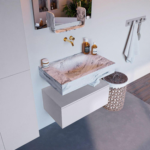 Mondiaz ALAN-DLUX Ensemble de meuble - 70cm - meuble Cale mat - 1 tiroir - Lavabo Cloud Glace suspendu - vasque Centre - 0 trous de robinet SW806038