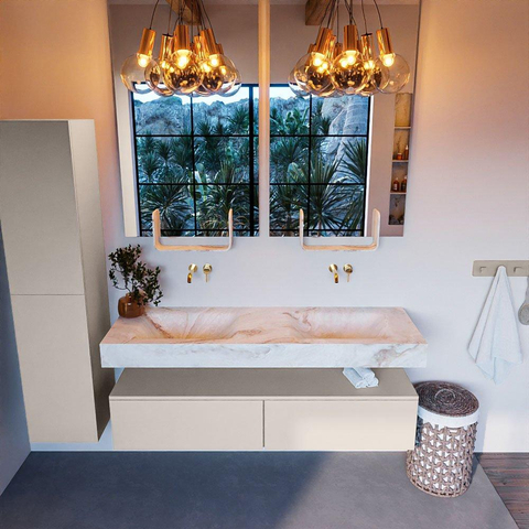 Mondiaz ALAN-DLUX Ensemble de meuble - 150cm - meuble Linen mat - 2 tiroirs - Lavabo Cloud Frappe suspendu - vasque Gauche et droite - 0 trous de robinet SW804808