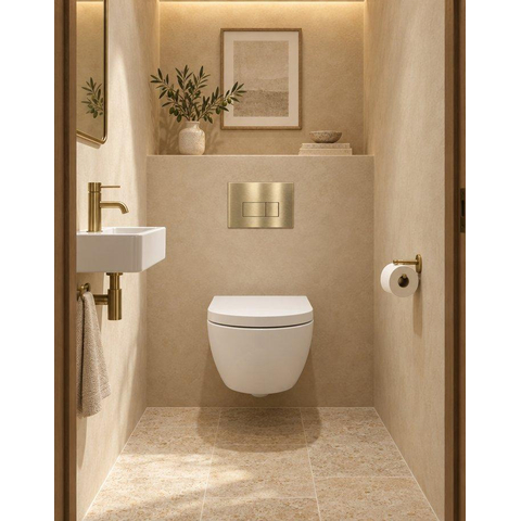 QeramiQ Dely Swirl Compact Toiletset - inbouwreservoir QeramiQ flush - 25mm zitting - metalen bedieningsplaat messing geborsteld (goud) - rechthoekige knoppen - mat wit SW1590815