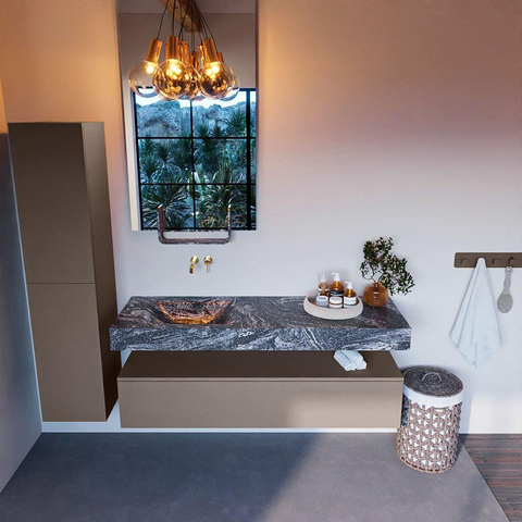 Mondiaz ALAN-DLUX Ensemble de meuble - 150cm - meuble Smoke mat - 1 tiroir - Lavabo Cloud Lava suspendu - vasque Gauche - 0 trous de robinet SW808471