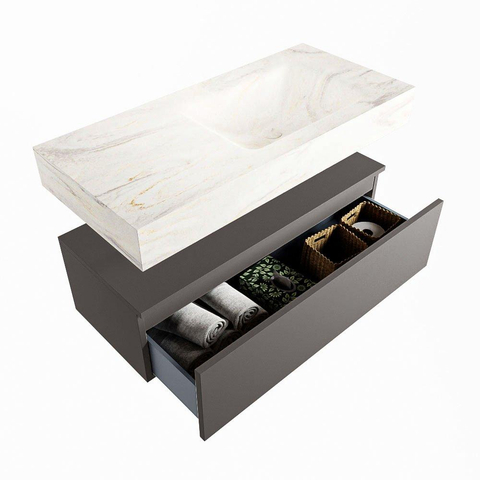 Mondiaz ALAN-DLUX Ensemble de meuble - 100cm - meuble Dark grey mat - 1 tiroir - Lavabo Cloud Ostra suspendu - vasque Droite - 1 trou de robinet SW807264