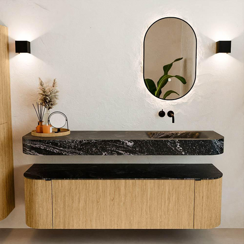 MONDIAZ THOR-DLUX 160cm meuble de salle de bains arrondi gauche + droite couleur Oak avec 1 tiroir et 2 portes. Vasque suspendue CLOUD Droite sans trou de robinet couleur Lava. SW1464981