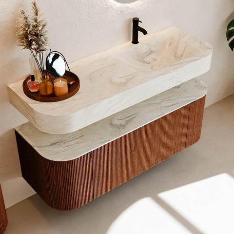 MONDIAZ THOR-DLUX 130cm meuble de salle de bains arrondi gauche + droite couleur Ruby avec 1 tiroir et 2 portes. Vasque suspendue CLOUD Droite 1 trou de robinet couleur Ostra. SW1463751