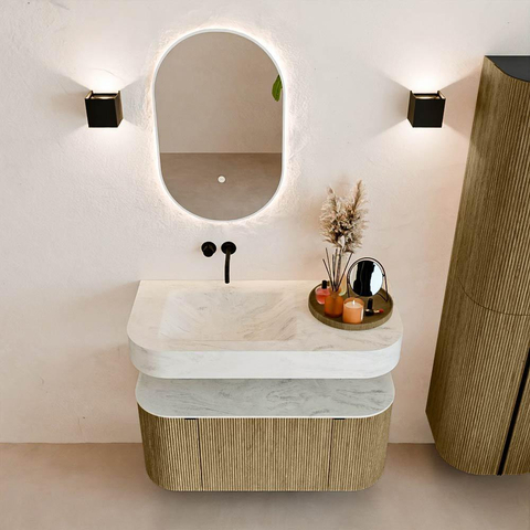 MONDIAZ THOR-DLUX 100cm meuble de salle de bains arrondi gauche + droite couleur Dusk avec 1 tiroir et 2 portes. Vasque suspendue CLOUD Gauche sans trou de robinet couleur Opalo. SW1467350
