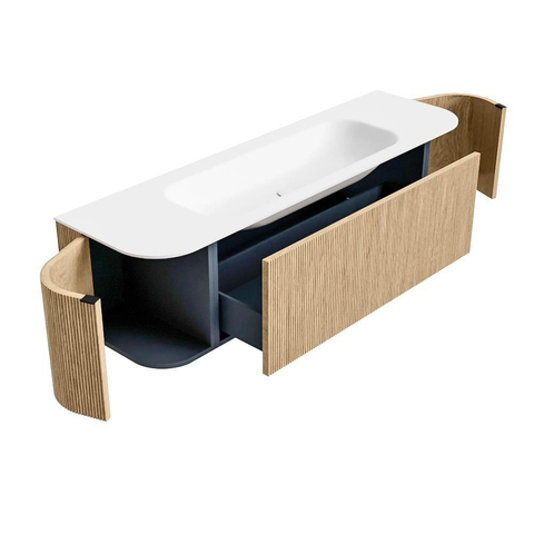 MONDIAZ KURVE Meuble de salle de bains 160 cm avec module 25 Len R couleur Oak avec 1 tiroir et 2 portes. Vasque BIG MEDIUM centrale sans trou de robinet Talc. SW1138176