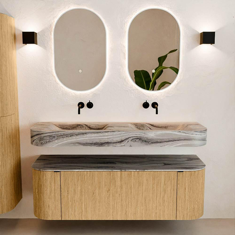 MONDIAZ THOR-DLUX Meuble de salle de bains 140cm arrondi gauche + droite couleur Oak avec 1 tiroir et 2 portes. Vasque suspendue CLOUD Double sans trou de robinet couleur Sombra. SW1464367