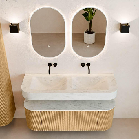 MONDIAZ THOR-DLUX 130cm badmeubel ronding links + rechts kleur Oak met 1 lade en 2 deuren. Vrijhangende wastafel CLOUD Dubbel zonder kraangat kleur Opalo. SW1463533