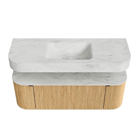 MONDIAZ THOR-DLUX 130cm meuble de salle de bains arrondi gauche + droite couleur Oak avec 1 tiroir et 2 portes. Vasque suspendue CLOUD Milieu 1 trou de robinet couleur Opalo. SW1463542