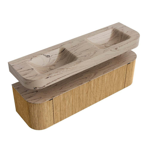 MONDIAZ THOR-DLUX 160cm meuble de salle de bains arrondi gauche + droite couleur Oak avec 1 tiroir et 2 portes. Vasque suspendue CLOUD Double sans trou de robinet couleur Arena. SW1465128