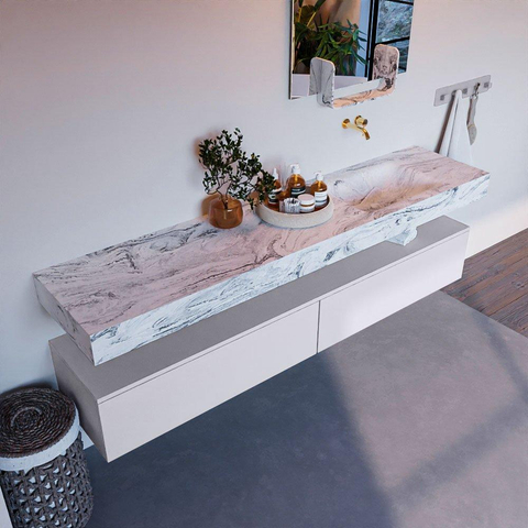 Mondiaz ALAN-DLUX Ensemble de meuble - 200cm - meuble Cale mat - 2 tiroirs - Lavabo Cloud Glace suspendu - vasque Droite - 0 trous de robinet SW805756