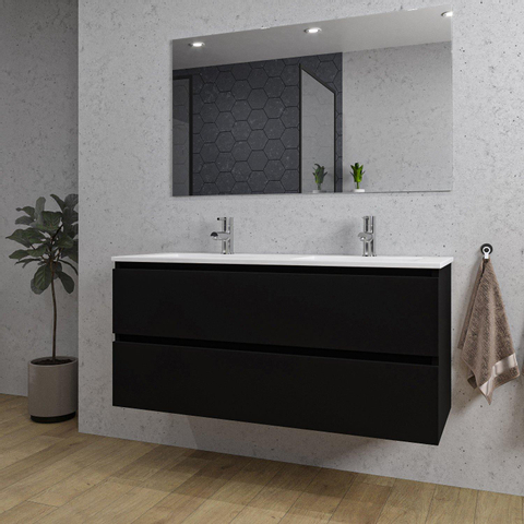 Saniclass Chaci Meuble de salle de bain - 120x46x55cm - lavabo en céramique blanc - 2 vasques - 2 trous de robinet - 2 tiroirs - miroir rectangulaire - noir mat SW816531
