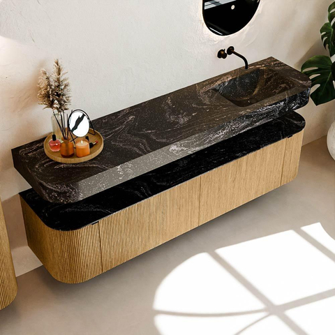 MONDIAZ THOR-DLUX Meuble de salle de bains 190cm arrondi gauche + droite couleur Oak avec 2 tiroirs et 2 portes. Vasque suspendue CLOUD Droite sans trou de robinet couleur Lava. SW1466364