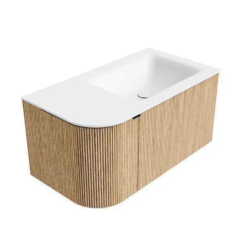 MONDIAZ KURVE Meuble de salle de bains 85 cm avec module 25 L couleur Oak avec 1 tiroir et 1 porte. Lavabo CLOUD droit 1 trou de robinet Talc. SW1138179